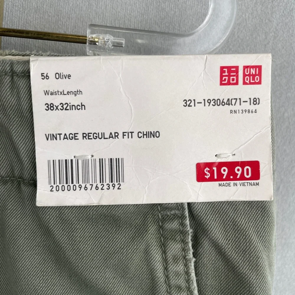 Uniqlo Vintage Regular Fit Chino Pants Men 38x32 Olive Green Preppy Normcore NWT